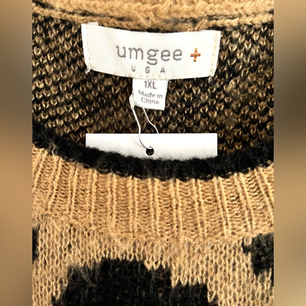 Umgee Black/Tan Animal Print Knit Sweater Dress, Sz XL (P2P 24”) - Picture 4 of 5